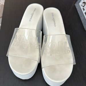 Karl Lagerfeld embossed logo clear chunky platform slide sandals size 9